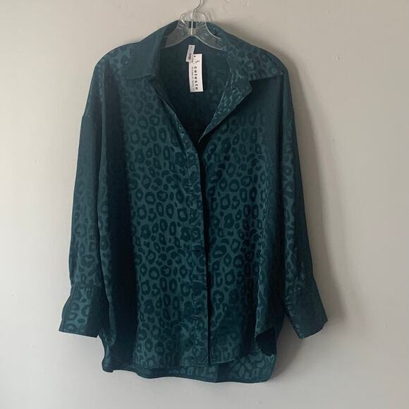 Glam Dark Green Leopard Print LS V-Neck Blouse Oversize Small New with Tags - Picture 2 of 9